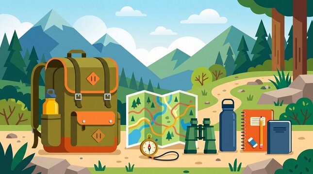 Durable school backpack with map, compass, notebook and field equipment, representing outdoor education, exploration, school trips and experiential learning.