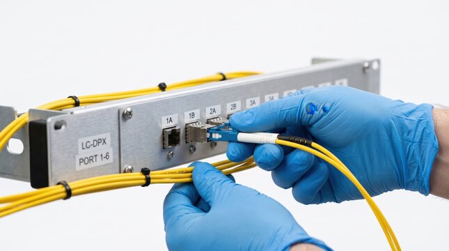 view of technician hands wearing blue gloves connecting yellow fiber optic cables into LC-DPX patch panel ports, data center network infrastructure maintenance, server room