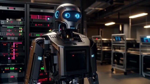 Robot with illuminated internal components stands in a modern data center, surrounded by server racks filled with blinking lights and high-tech equipment