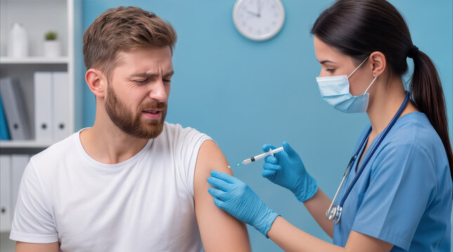 Patient wincing while nurse administers vaccine injection in medical clinic. Healthcare professional giving intramuscular shot to man in shoulder.