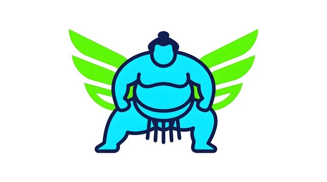 Modern sumo wrestler icon with wings isolated on white background