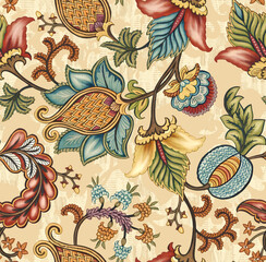 Seamless floral pattern featuring ornate chintz motifs and lattice-patterned fruits in teal, red, and gold on a light cream canvas background. © KARMA_BELIEVER
