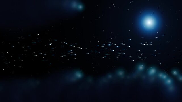 A seamless 16-second loop of neon pink stellar wind particles racing through a cosmic valley of volumetric, rim-lit clouds. Warped by a gravitational lens and glowing corona, this sci-fi motion graphi