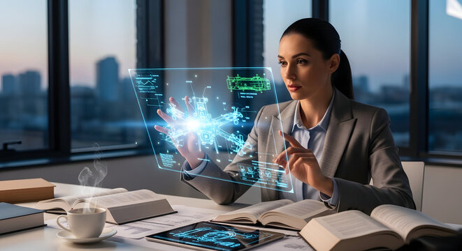 Professional woman interacting with futuristic digital interface in modern office