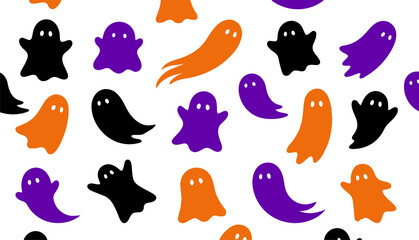 Cute colorful cartoon ghosts seamless pattern on white background with halloween © UttamChandra