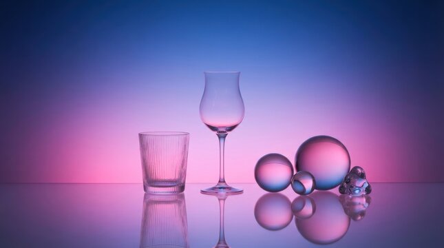 Glassware and spheres on a reflective surface with a vibrant pink and blue gradient background