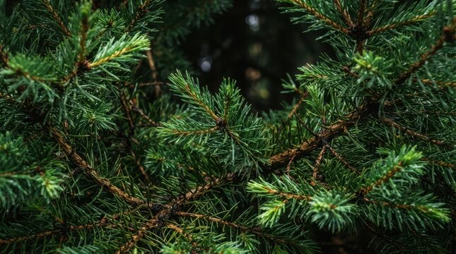 Merry Christmas Macro shot of fresh green pine needles on Christmas tree branch