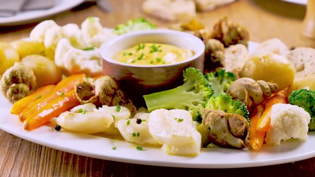 cold buffet platter with aioli, seafood and fresh vegetables