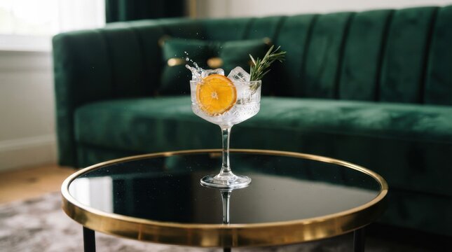 A refreshing gin and tonic cocktail garnished with orange and rosemary on a table