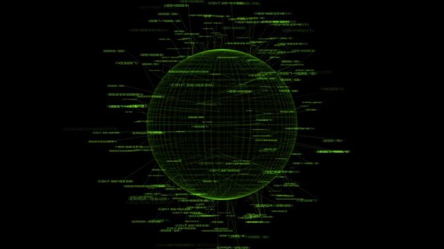 The globe is surrounded by thousands of digital data points, programming code, numbers, and network connection lines that float and radiate in all directions.