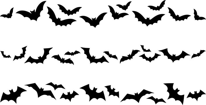 Set of black silhouette flying bats for halloween design elements with halloween