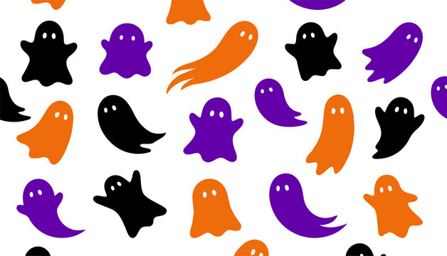 Cute colorful cartoon ghosts seamless pattern on white background with halloween