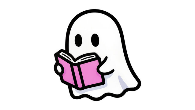 Cute cartoon ghost reading a pink book, isolated on transparent background