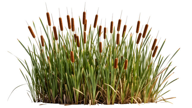 Brown cattail reeds with green leaves, isolated on transparent background