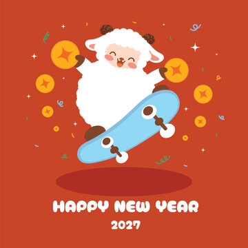 Happy Chinese New Year 2027 vector poster with cute goat character riding skateboard, gold coins and festive decorations. Playful Year of the Goat greeting card on red background