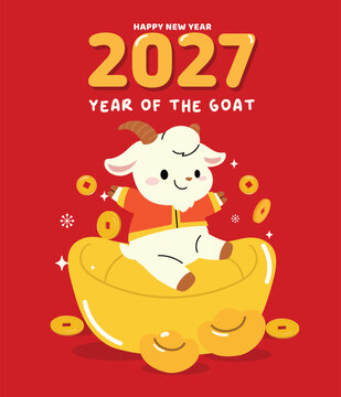Happy Chinese New Year 2027 vector poster with cute goat sitting in large gold ingot surrounded by coins. Year of the Goat festive greeting card illustration on red background