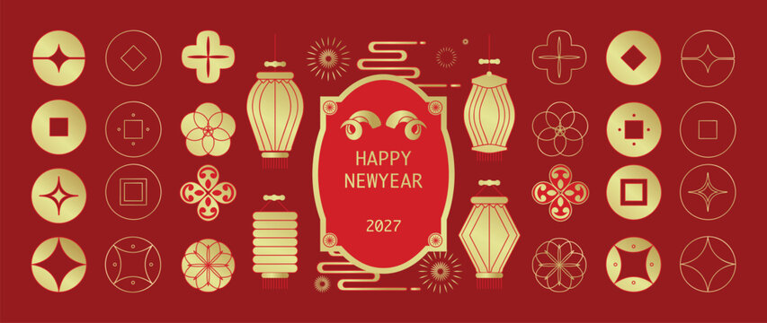 Chinese New Year 2027 vector decorative elements set with lanterns, flowers, knots, coins and traditional Asian ornaments. Red and gold Year of the Goat design collection for festive projects
