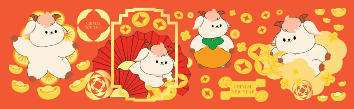 Chinese New Year 2027 vector banner with cute goat characters, lanterns, flowers, gold coins and festive Asian decorations. Year of the Goat horizontal holiday illustration set