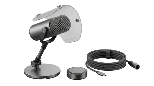 Professional studio microphone with pop filter and XLR cable. Black podcast mic on desk stand. Audio recording equipment for streaming.