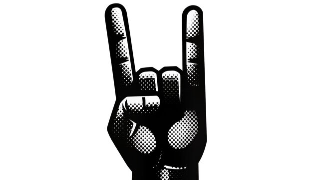 Black rock and roll hand gesture with halftone dots, isolated on transparent background