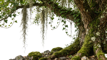 Ancient moss-covered oak tree with hanging Spanish moss and ivy, isolated on transparent background © Mira