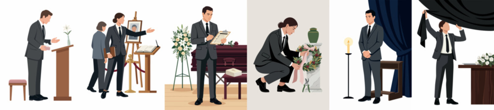 Professional funeral director flat vector illustration set showing morticians performing various duties during memorial services and funeral ceremonies.