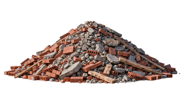 Pile of broken red bricks and concrete rubble, isolated on transparent background