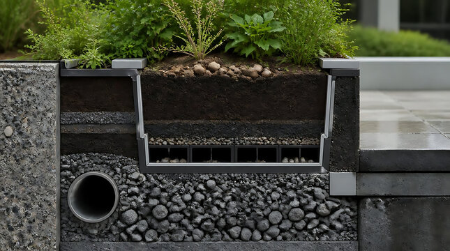 Modern cascading water feature with dark pebbles and lush greenery.