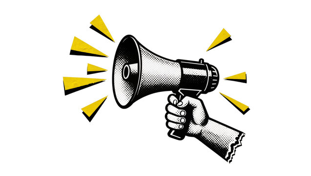 Hand holding vintage megaphone with yellow sound waves, isolated on transparent background