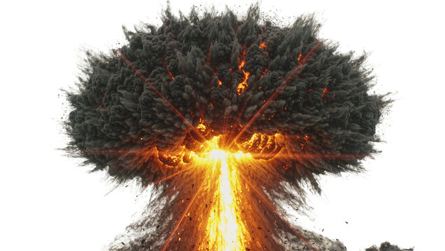 Massive fiery explosion with dark smoke plume, isolated on transparent background