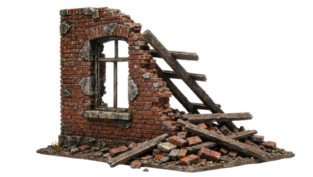Destroyed brick building corner with broken window and scattered debris, isolated on transparent background