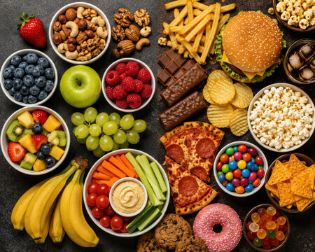 Healthy and Unhealthy Food Choices with Fruits, Vegetables, Fast Food and Snacks