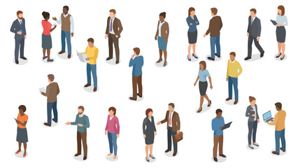 Obraz premium Isometric diverse office team members holding documents and engaging in corporate meetings. Editable vector illustration.