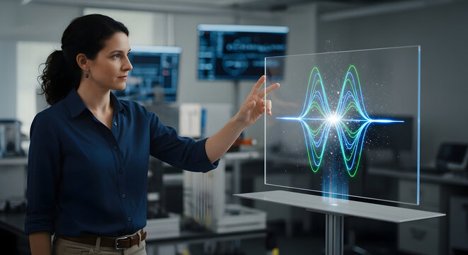 Professional woman interacting with futuristic digital interface in modern laboratory