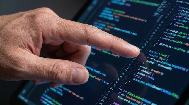 Close up of a persons finger pointing at a computer screen displaying lines of code.