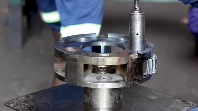 Mechanic Aligning Spindle Pin in Planetary Carrier Using Screwdriver Tool.