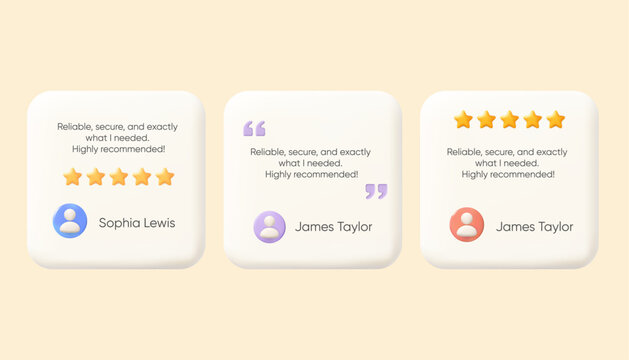 3d testimonial card set with customer reviews ratings quotes and feedback
