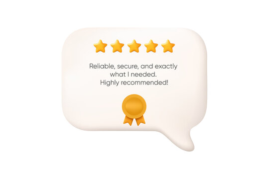 3d testimonial review with five star rating award badge and feedback