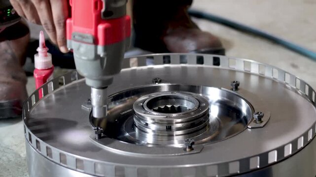 Mechanic Tightening Transmission Housing Flange Bolt with Cordless Impact Wrench.