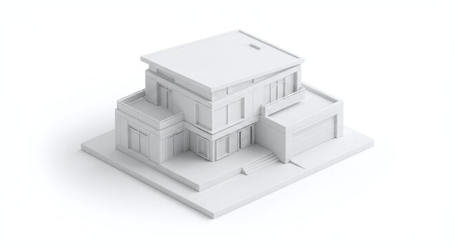 modern house, 3D isometric rendering of a structure and objects with a solid white plastic finish, designed for use as a background element.