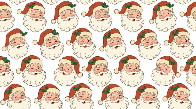Vintage Santa Claus Seamless Pattern Vector with Retro Hand Drawn Winking Christmas Faces for Festive Holiday Wrapping Paper Designs