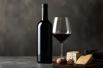 Fototapeta na wymiar A bottle of red wine, a glass of red wine, cheese, and nuts are displayed on a dark surface against a moody background.