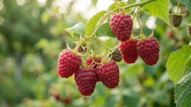 Fresh Ripe Raspberries Growing on a Bush in Sunlight.