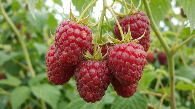 Fresh Ripe Red Raspberries Growing on a Bush in Natural Sunlight.