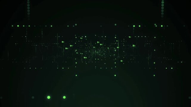 Floating green programming code elements, data dots, a grid of numbers, and network lines against a dark background.