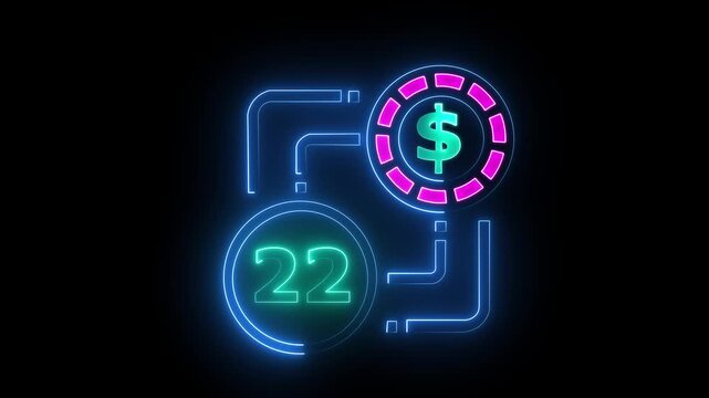 22 dollar sign text vibrant neon green on black background, financial wealth and currency concept. Neon check mark with payment successful. Confirmation, money transaction concept.