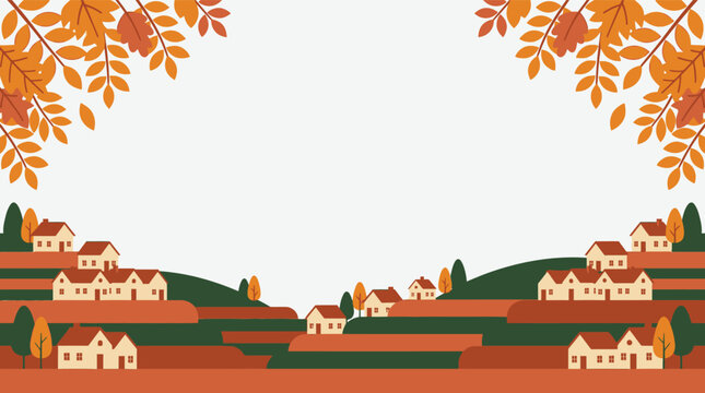 Autumn hills landscape with small houses and fall foliage border on a light cream background