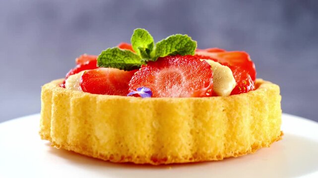 elegant strawberry tart with fresh mint on white plate