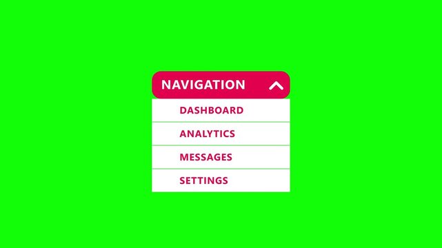 Animated UI Navigation Menu Dropdown with Dashboard and Analytics Options on Green Screen for Editing
