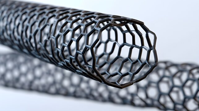 Close up of a hexagonal lattice structure resembling a carbon nanotube with precise geometric detail and clean background